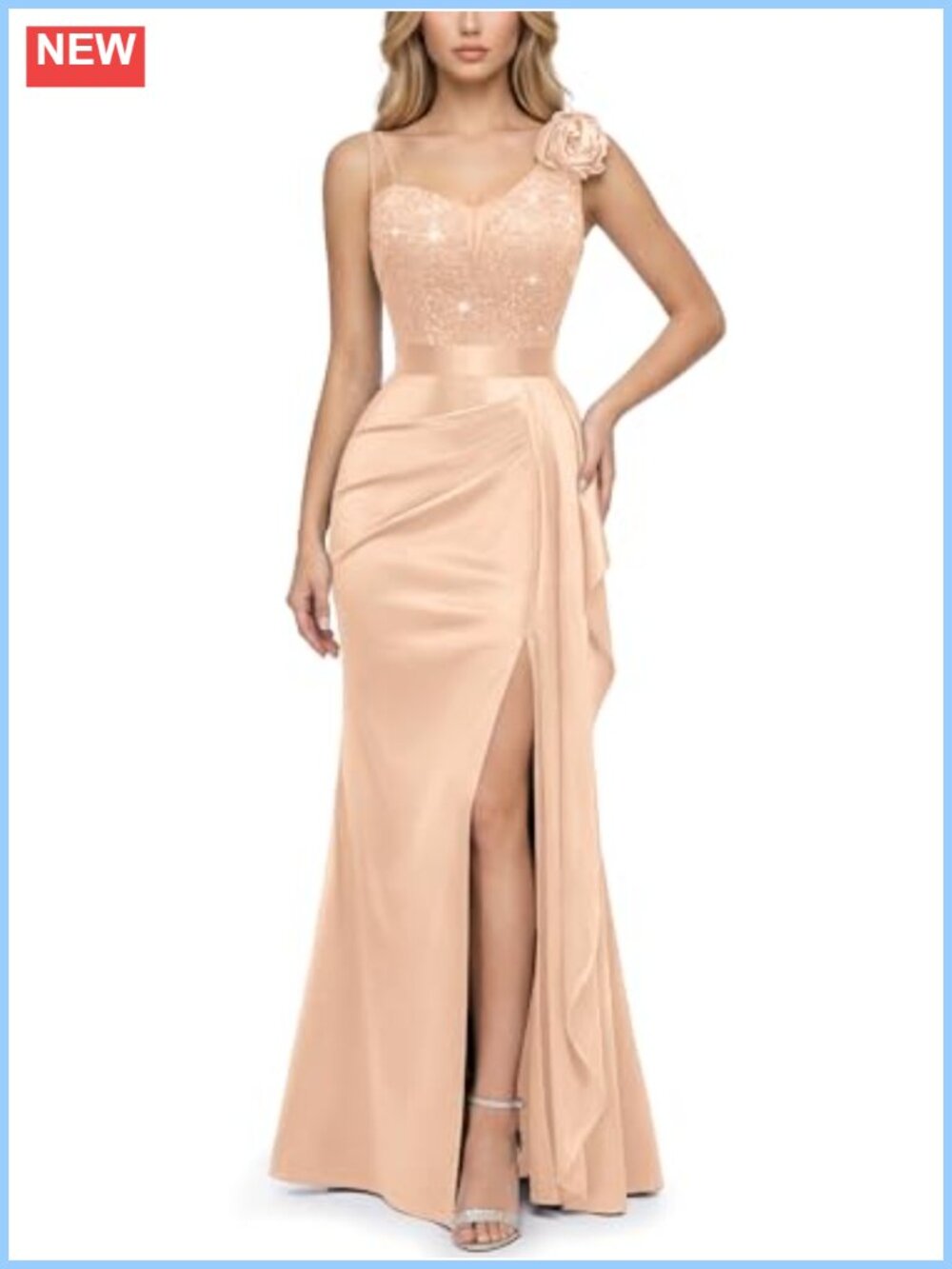 Elegant V-Neck Sequin Lace Satin Bodycon Sleeveless Maxi Formal Dress